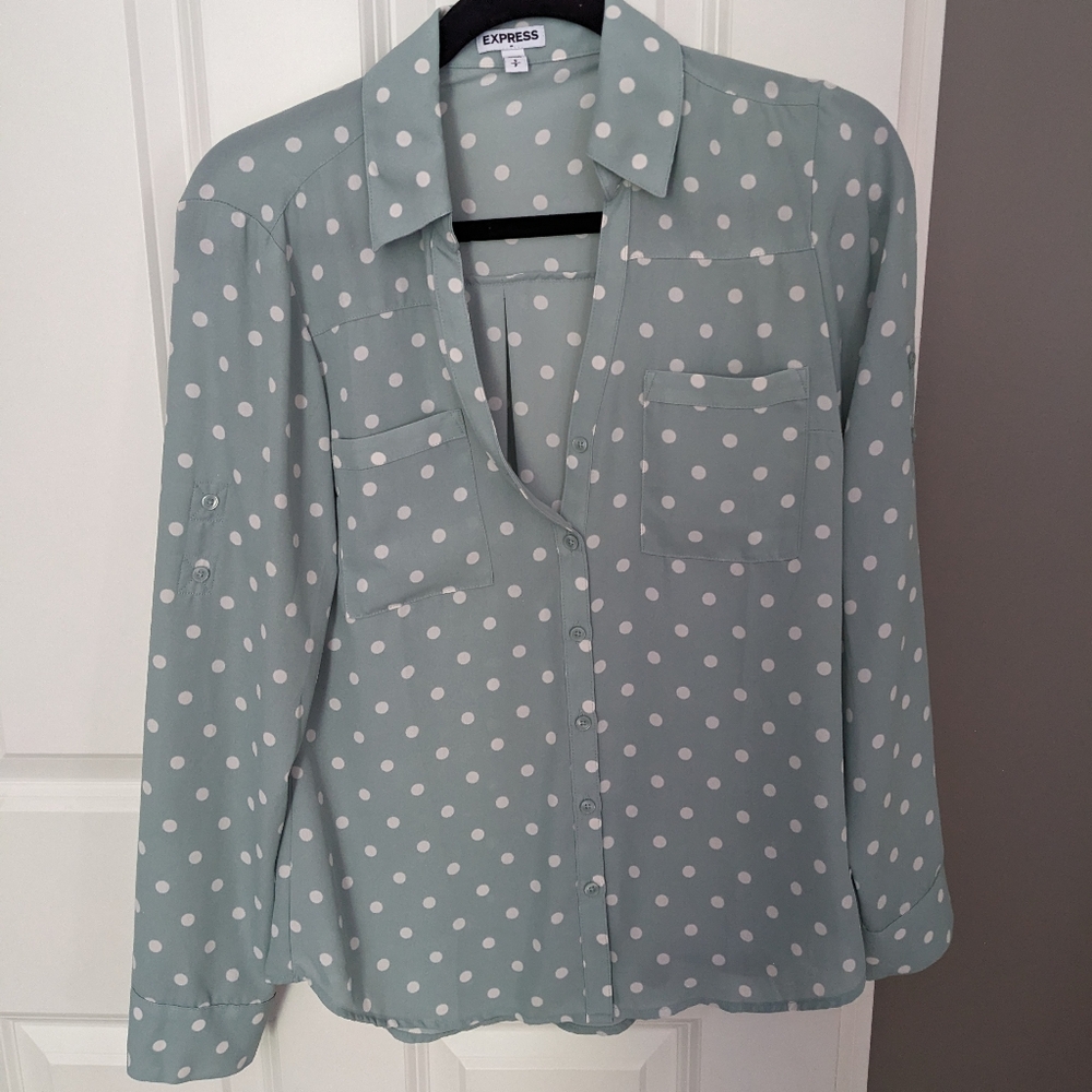 Express Seafoam Green Polka Dot Button Up Long Sleeve Shirt